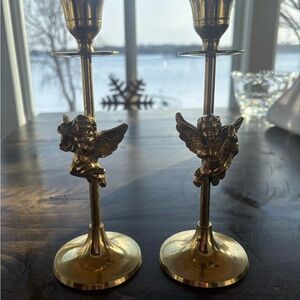 Set of 2 Vintage Brass Cherub Angel Candle Holders